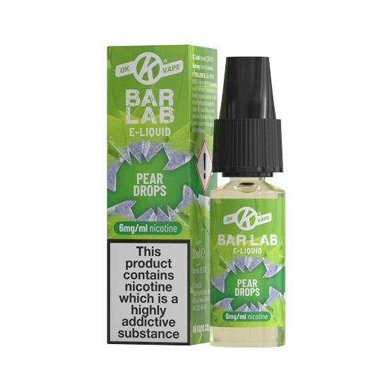 Pear Drops 6mg E Liquid bottle and box from the bar Lab e-liquid range by OK Vape