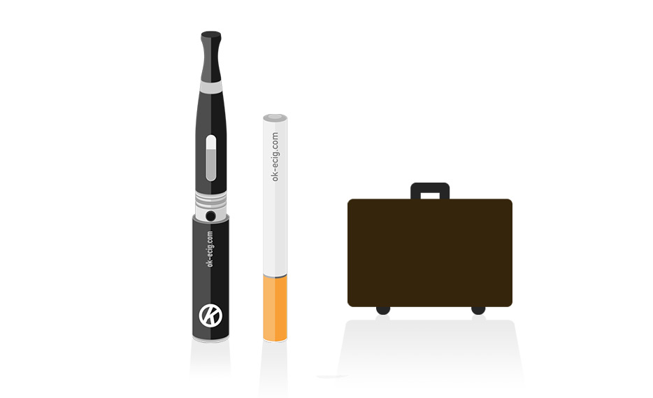 image of cigalike and vape pen e cigarettes with suitcase - travelling with e cigarettes