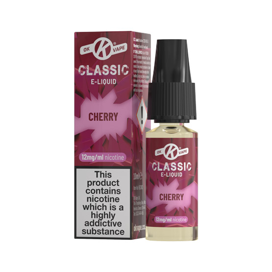 Cherry E Liquid bottle and box from the Classic e-liquid range by OK Vape