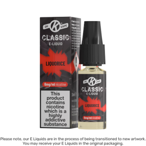 Liquorice 6mg E Liquid bottle and box from the Classic e-liquid range by OK Vape | Disclaimer