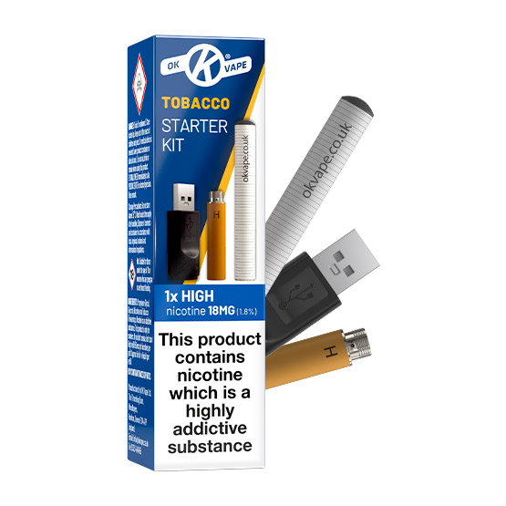 Image of OK Cigalike Essentials starter kit with battery, charger and refill in tobacco flavour