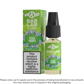 Pear Drops 3mg E Liquid bottle and box from the bar Lab e-liquid range by OK Vape | disclaimer