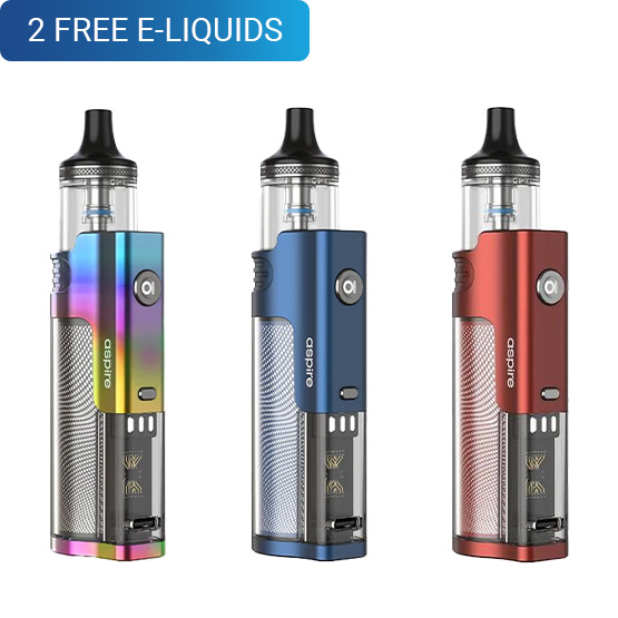 Aspire Flexus AIO Kits at OK Vape, in rainbow, blue, and red